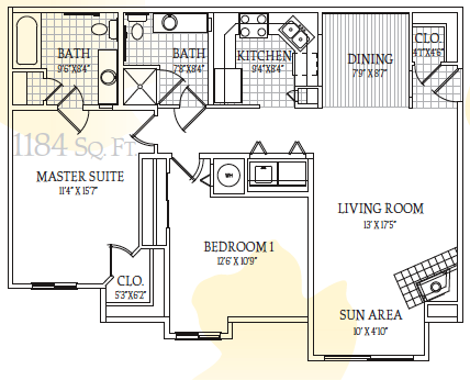 Floor plan for 2 beds, 2 baths, 1194 sqft